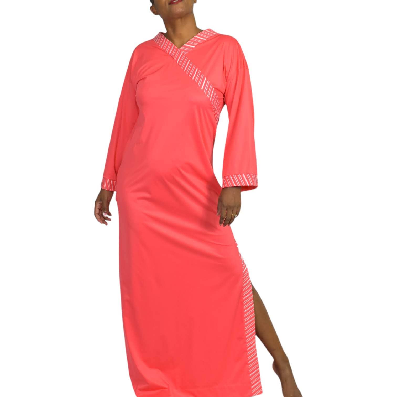 Vintage Vanity Fair Caftan Lounger Coral Pink Nylon Silky Side Slit Size Small