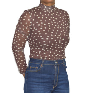 525 America Sheer Top Brown Polka Dot Turtleneck Mesh Long Sleeves Size Small