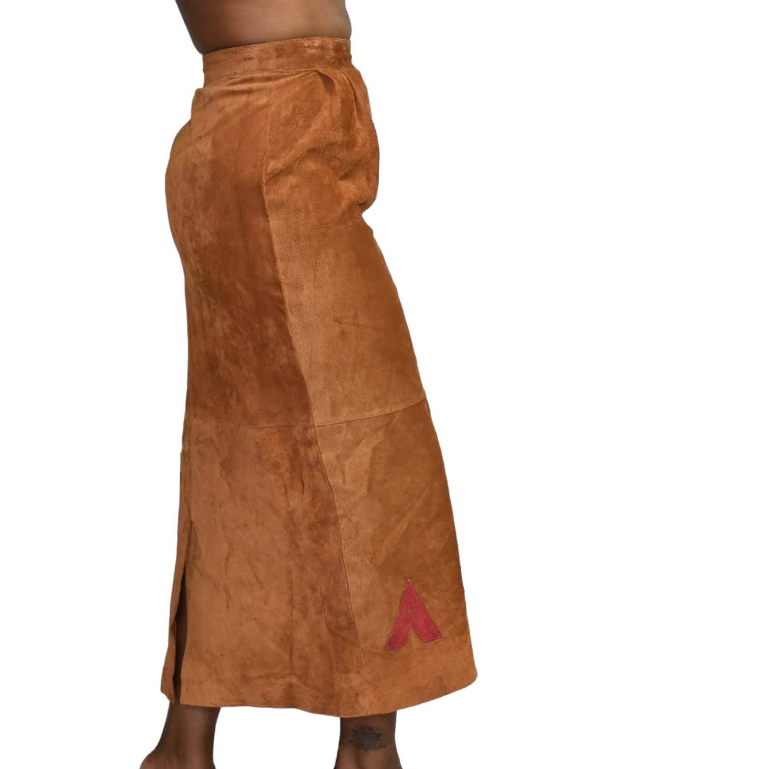 Eagles Eye Suede Skirt Embroidered Vintage Straight Column Midi Tribal Leather Brown Camel Size 2 XS