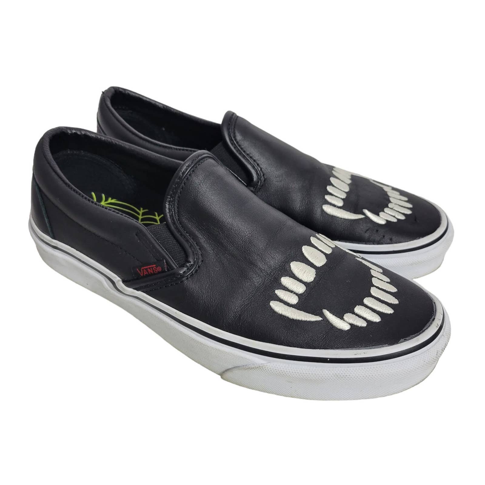 Vans Fangs Sneaker Slip On Black Leather Embroidered Unisex Size 8.5 Women 7 Men