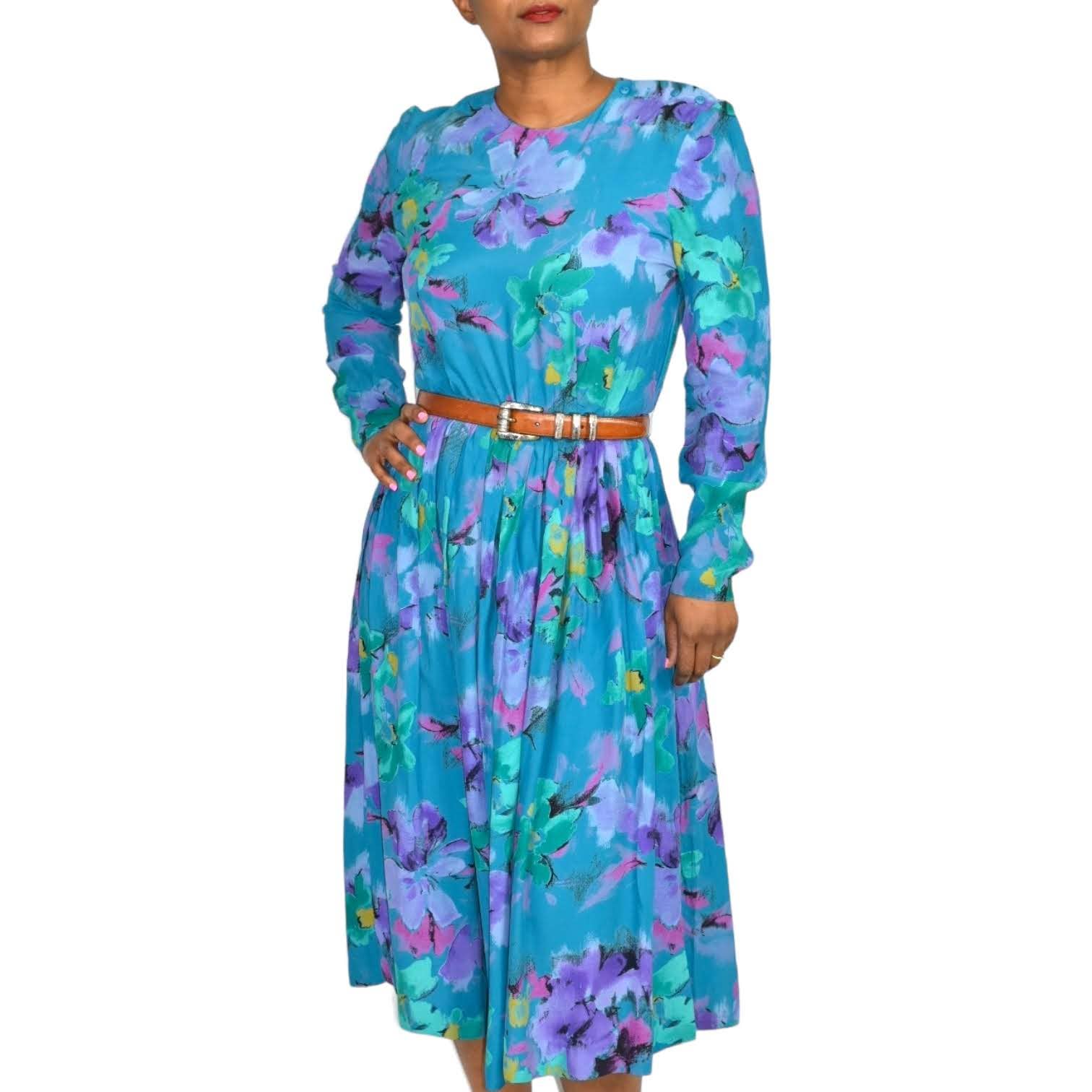 Diane von Furstenberg Floral Midi Dress Blue Silky Vintage 80s Rayon USA Size 6