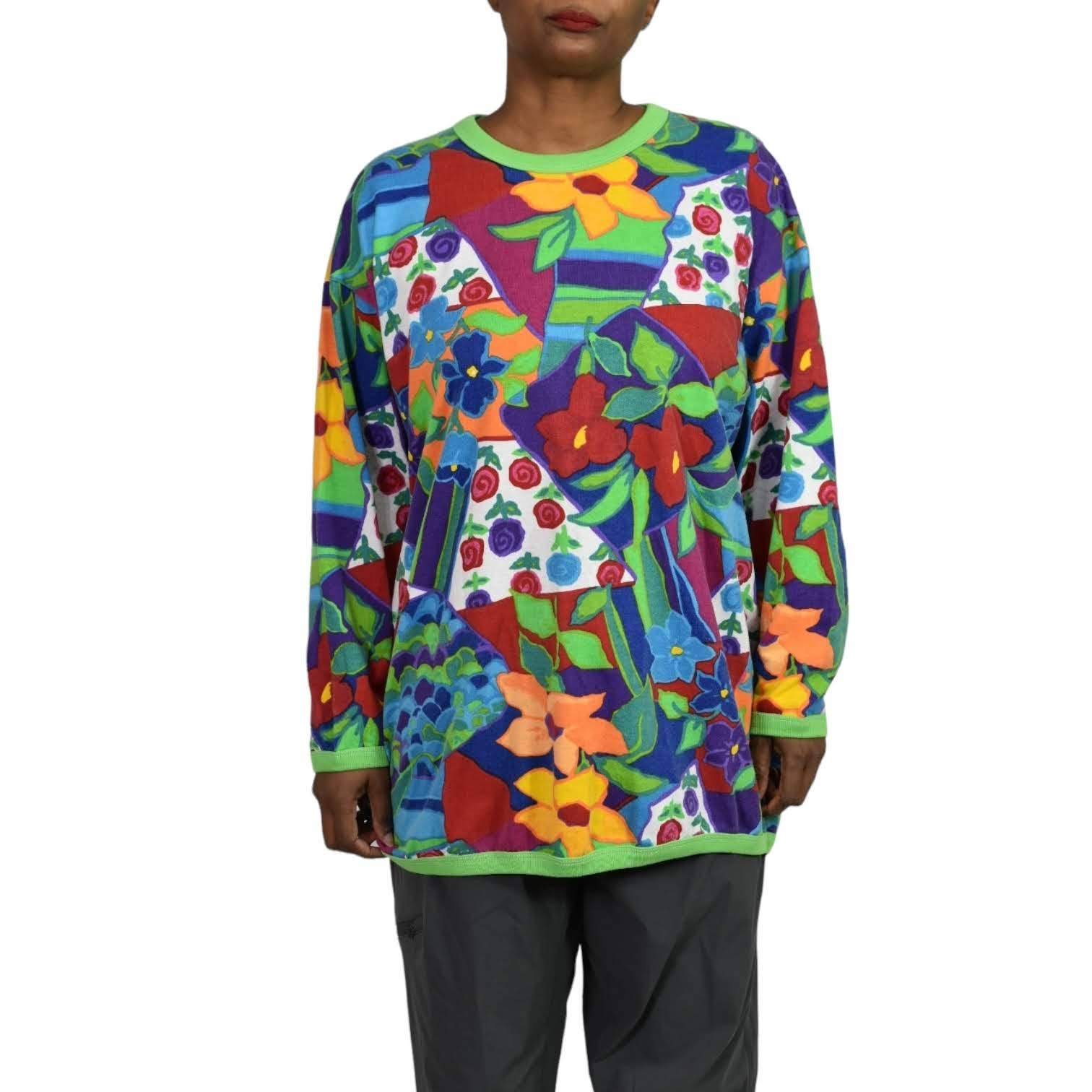 Ugly Sweatshirt Vintage Weird Colorful Green Floral Printed Multicolor Plus Size 1X