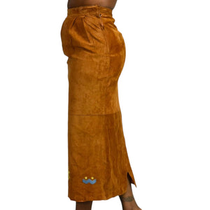 Eagles Eye Suede Skirt Embroidered Vintage Straight Column Midi Tribal Leather Brown Camel Size 2 XS