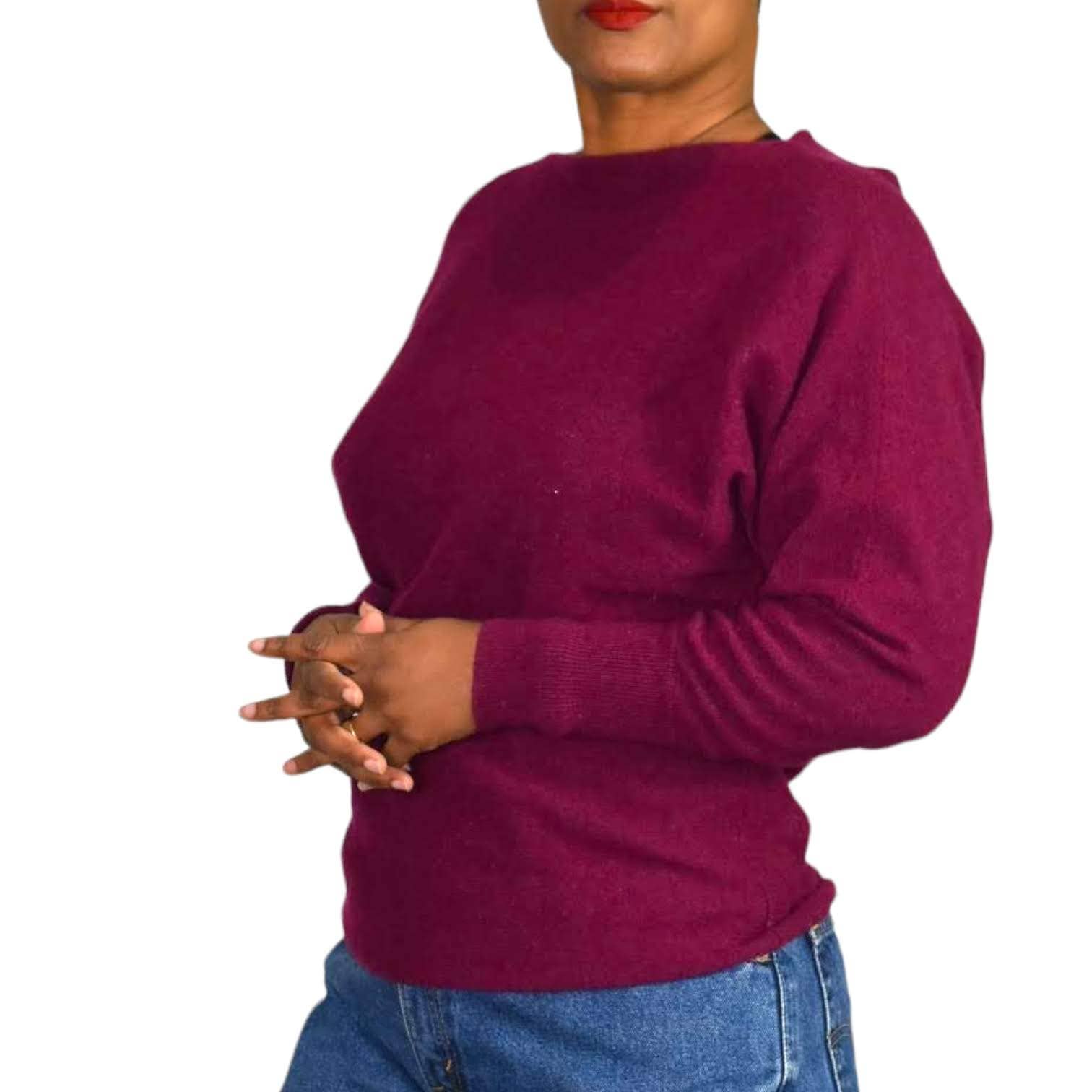 Club Monaco Cashmere Pullover Sweater Magenta Purple Keyhole Back Bow Dolman Sleeve Size Small
