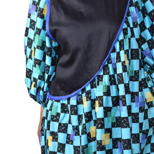 Vintage 80s Maxi Dress Geo Print Blue Checkerboard Tent Caftan Muumuu Size Large