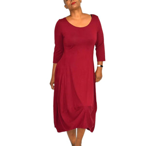 Eileen Fisher Lantern Hem Dress Jersey Knit Midi Bubble Red Stretch Size Medium