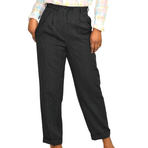 Whistles Dress Pants Pinstriped Black Pleated Wool Cuffed Trouser Striped Size 6