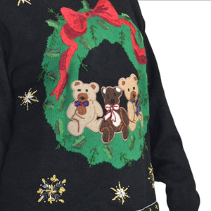 Ugly Christmas Sweater Vintage Teddy Bears Wreath Embroidered Knit Holiday Size XL BP Design