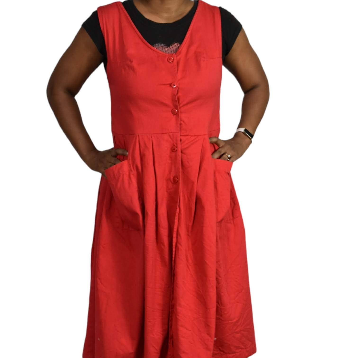 Homemade Jumper Dress Vintage Red Button Front Pinafore Midi Pockets Size Small