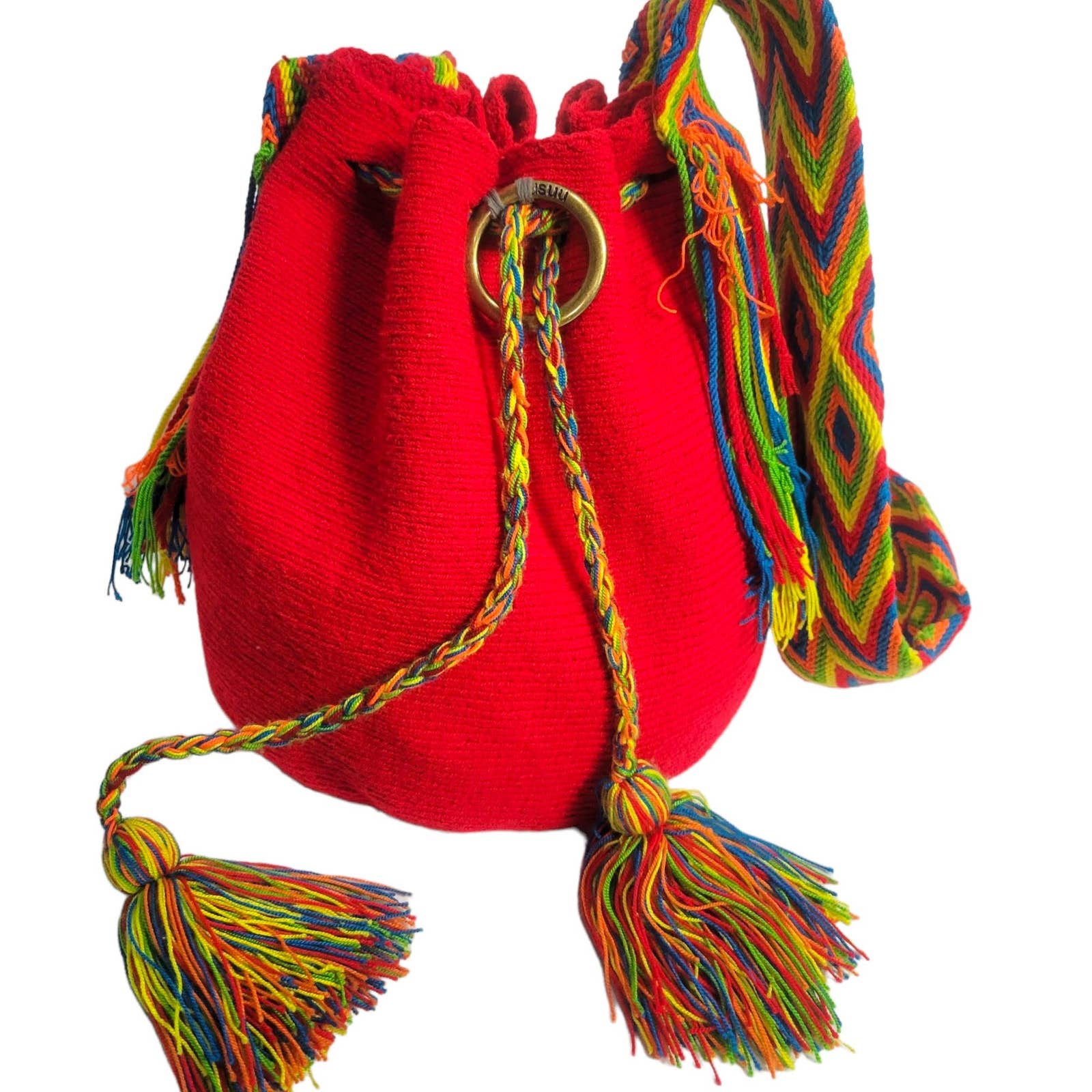 Crochet Bucket Bag Rainbow Red Crossbody Shoulder Susuu Artisan Colombian Wayuu Woven Drawstring