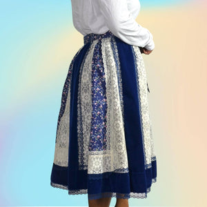 Carefree Fashions Vintage 70s Blue Velveteen Skirt Midi Patchwork Floral Lace Velvet Size Small