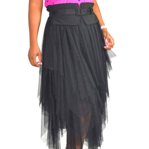 Tulle Mesh Midi Skirt Black Sheer Asymmetrical Elastic Waist Tiered Size 6 Robin