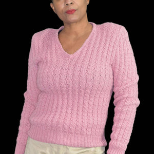 Vintage Pink Sweater Mauve Cottagecore Hand Knit Ribbed V Neck Shoulder Pads Size Small