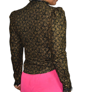 Vintage Victorian Shirt Black Gold Prairie Puffed Sleeve Corset Circle T Marilyn Lenox 80s Western Small