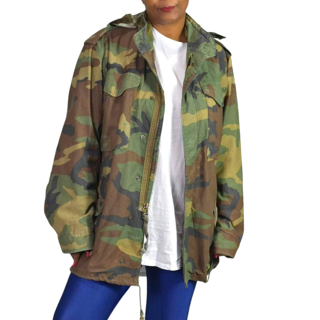 Vintage Camouflage Jacket Green 80s Military Camo Field Coat Hooded Woodland Army Size Small